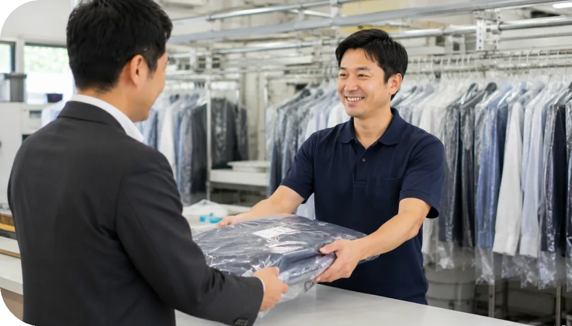 仕上がった衣類を受け渡すスタッフと法人のお客様