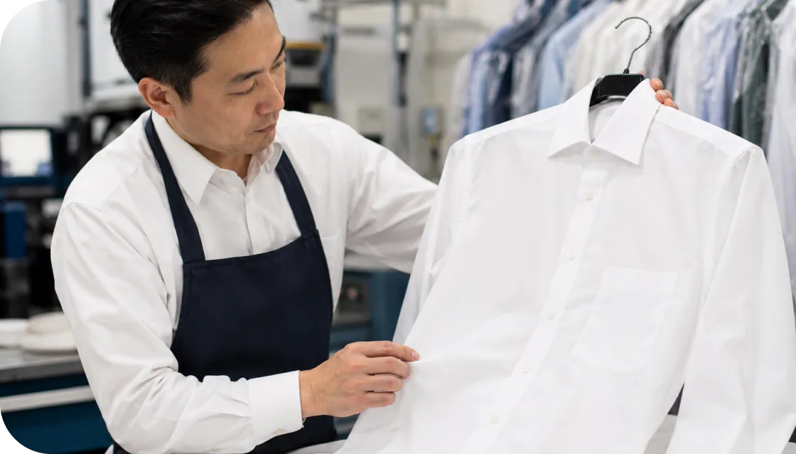 仕上がったワイシャツを検品するスタッフ