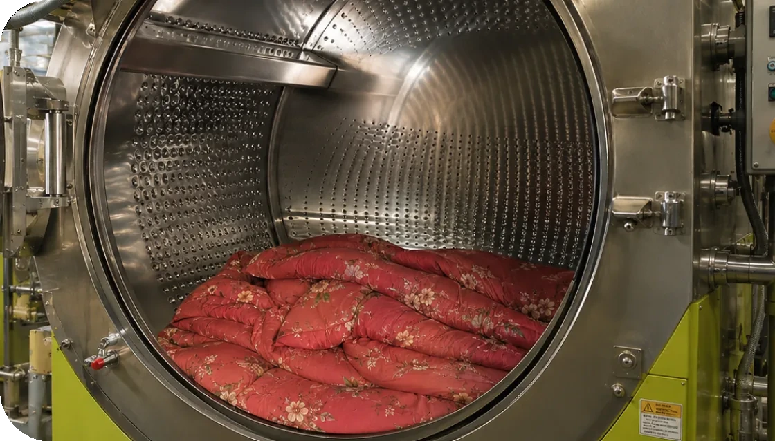 専用機で洗浄される羽毛布団