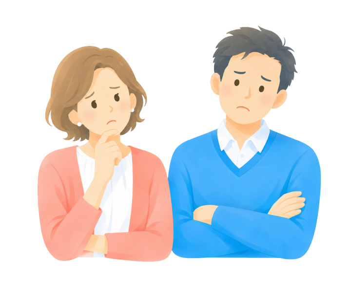 羽毛布団の状態に悩む夫婦のイラスト