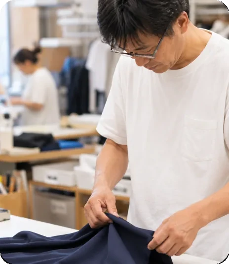 工場で衣類を確認するスタッフ