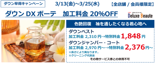 ダウンDXボーテ 加工料金20％OFF