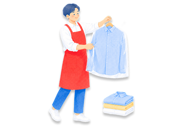 仕上がったシャツを掲げるスタッフのイラスト