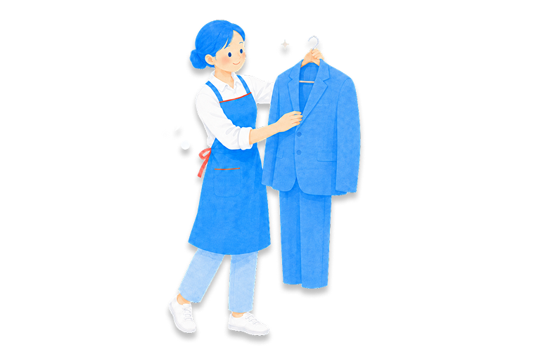仕上がったスーツを掲げるスタッフのイラスト