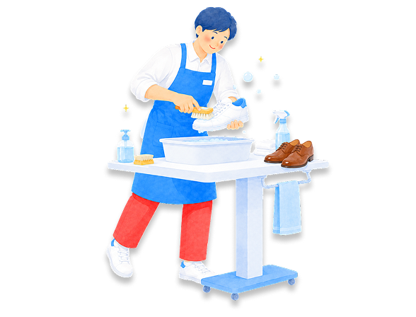 靴を手洗いするスタッフのイラスト